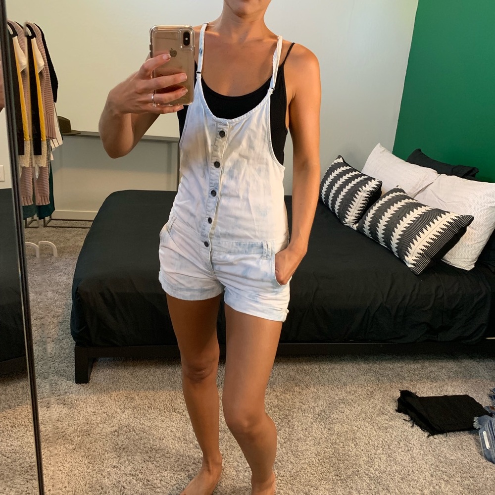 Acid wash light denim overall shorts